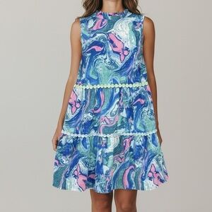 Entro Sleeveless V-Neck Ribbon Detail Tiered Dress Blue Green Size Large